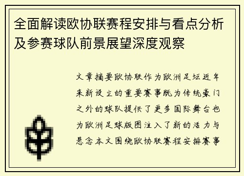 全面解读欧协联赛程安排与看点分析及参赛球队前景展望深度观察